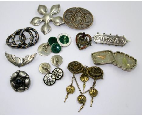 Bag containing a small quantity of various silver brooches, including two pairs of silver and enamel cufflinks 