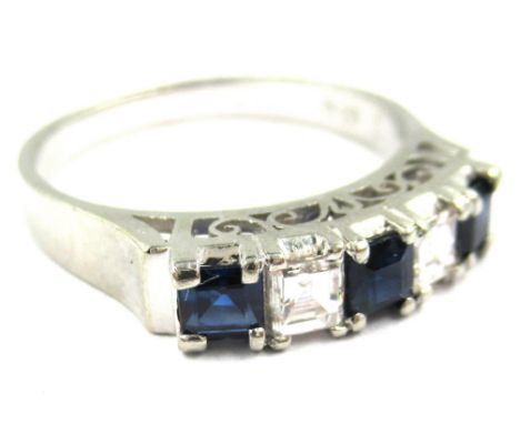 Platinum five stone sapphire and diamond half hoop ring, size 'L', 4g 