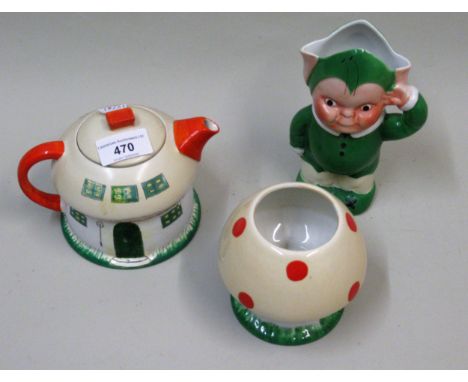 Shelley Mabel Lucie Atwell, three piece tea service comprising teapot and sugar basin in the form of mushrooms and milk jug i