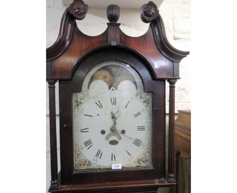 George III mahogany longcase clock, the broken arch hood with swan neck pediment and flanking pilasters above a shaped panel 