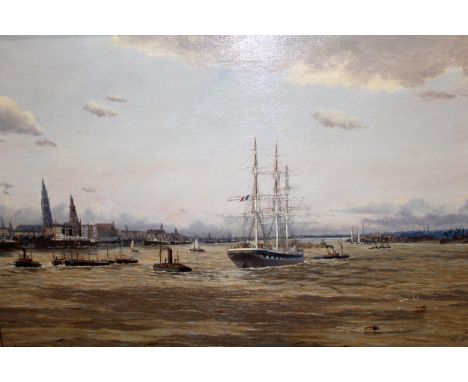 R. Blight, early 20th Century oil on canvas, shipping on the Scheldt River, Antwerp, signed and dated 1912, 40cms x 60cms, gi