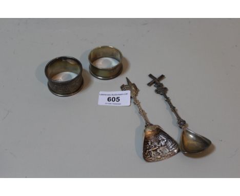 Two Dutch silver caddy spoons, two silver napkin rings and a quantity of other miscellaneous silver plate 