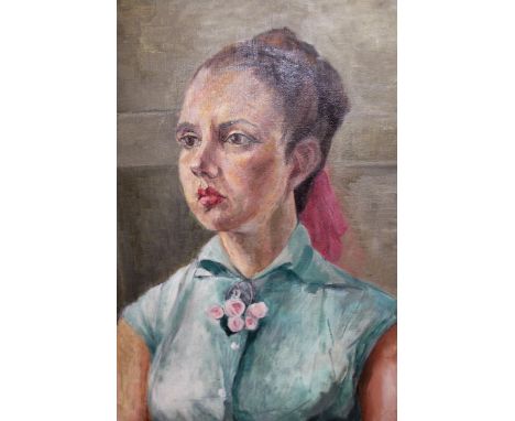 Merle Curtis, 20th Century oil on canvas, head and shoulder portrait of a young girl in a green blouse, bearing label verso a