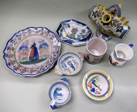Quimper circular pottery wall plate, similar barrel and various other Quimper pottery 