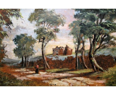 William Henry Crome, monogrammed oil on oak panel, landscape with figure on a path, heavy gilt framed, 14cms x 21cms 