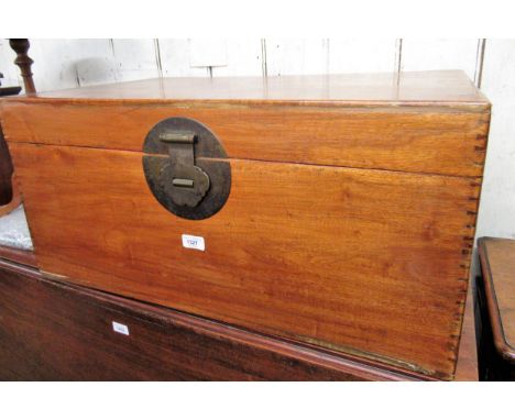 Eastern camphor wood rectangular trunk, the hinged cover above brass lock plate and loop end handles, 79cms wide x 38cms high