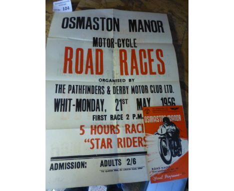 Motor Cycling : Osmaston Manor Road Races programme 21/05/1956 - includes a rare and original poster for the meeting (folded)