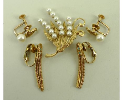 A K. Mikimoto 15k gold and culutured pearl brooch in the form of a floral spray, a similar pair of screw earrings, and a pair