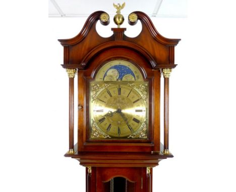 A modern long case clock, by James Stewart, mahogany veneered and cross banded in the late Georgian style, with brass face, m