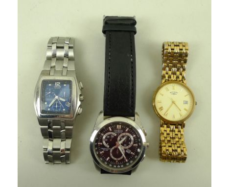 A collection of watches comprising Citizen Eco-Drive Chronograph WR100, verso H570 S074932, circular black face, on black lea