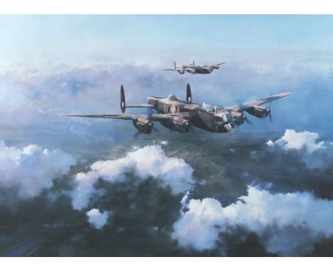 After Robert Taylor: 'Lancaster', a first edition print, signed by group captain Leonard Cheshire VC, DSO, DFC. 42 by 53cm. 