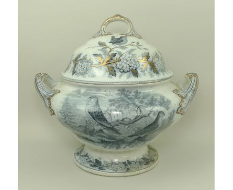 A collection of Samuel Alcock & Co ironstone ceramics, in blue and white with gilt highlights, decorated with ospreys and oth