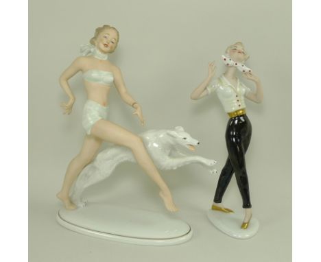 A Wallendorf porcelain figurine depicting an Art Deco style figure of a woman with a saluki running, number 1358, 28cm, and a