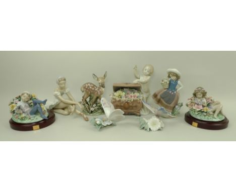 A group of Lladro porcelain figurines comprising a child and treasure chest of flowers, a fawn and bird, two figures of butte
