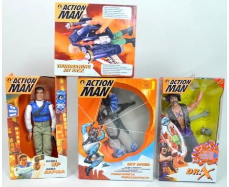 A large collection of  Action Men toys, some mint in original unopened plastic bags, including a biker, husky, torch, Tyco X 