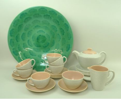 A Poole Pottery celadon green charger, 41cm diameter, together with a Poole Pottery part tea service in solid grey and salmon