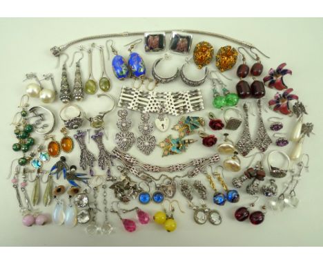 A group of silver and vintage costume jewellery, comprising rings, earrings and bracelets, including a pair of 1930's silver,