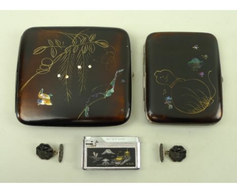 An Asian enamel cigarette case, 10 by 9.5 by 1cm, and another similar, 7 by 9 by 1cm, circa 1925, of treacle coloured enamel 