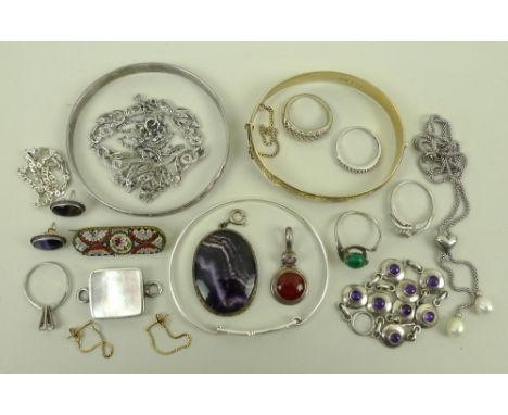 A group of silver and costume jewellery including a silver and Blue John pendant, Birmingham 1982, maker JRT, and similar ear