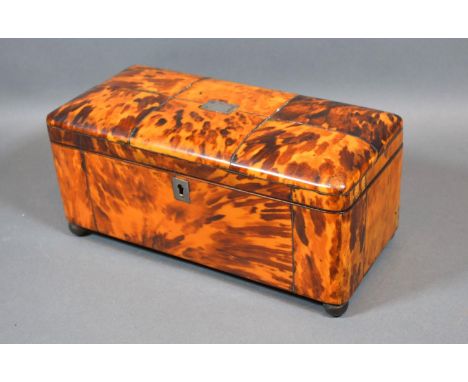 A 19th Century Blonde Tortoiseshell Tea Caddy converted to a jewellery box the hinged cover enclosing a velvet lined interior