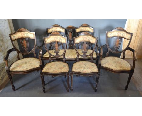 A Edwardian Mahogany Marquetry and Line Inlaid Drawing Room Suite comprising a two seat sofa, a pair of armchairs and a pair 