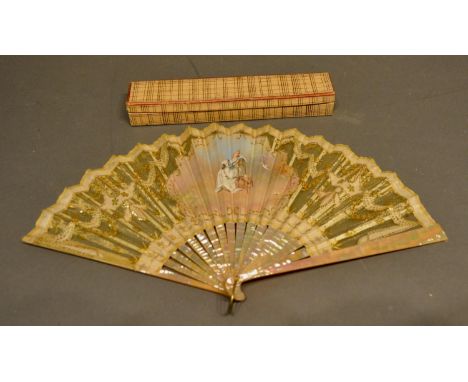 A 19th Century Mother of Pearl Fan, hand-painted with a cartouche depicting a figure and white doves, the leaf edged with sil