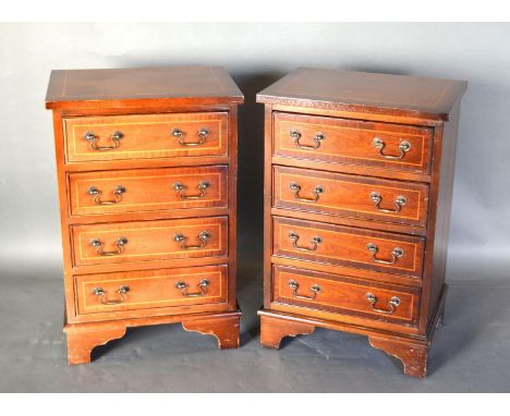 A Pair of 20th Century Mahogany lined inlaid bedside chests of four drawers, brass handles upon bracket feet 43cm wide, 32cm 