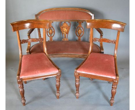 An Edwardian Mahogany Marquetry Drawing Room Sofa together with a pair of William IV Mahogany side chairs 