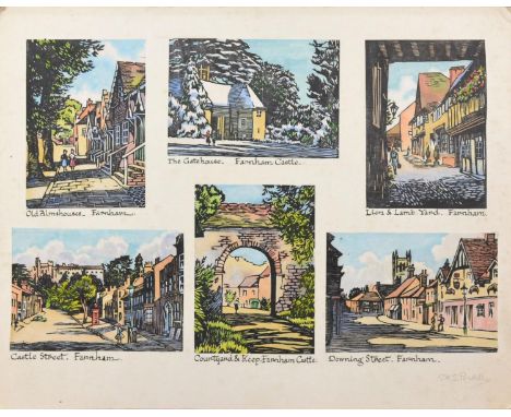 Elsie K Simpson Powell Village Scene with Figures before a building, watercolour 27cm x 37cm together with a related linocut 