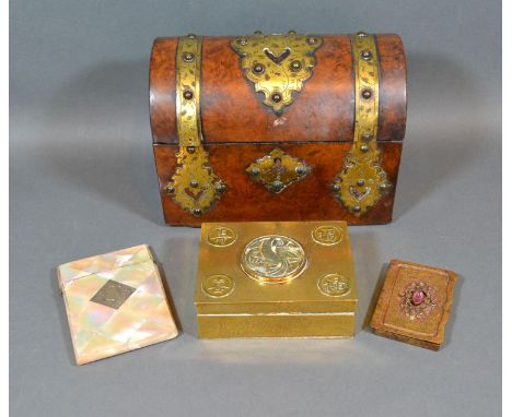 A Chinese Brass Box the cover with inset jade together with a Victorian Burr Walnut brass mounted tea caddy, a mother of pear