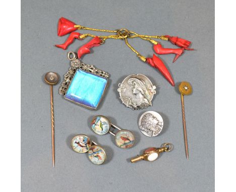 A 15ct Gold Diamond Set stick pin together with a another similar and various other items to include a pair of cufflinks and 