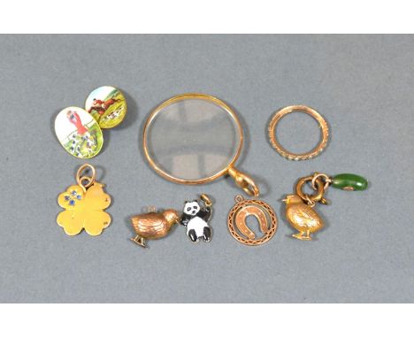 A 18ct Gold and Enamel Mounted Cufflink together with other items to include four small charms, a pearl set band ring, a pend