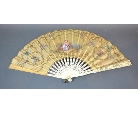 An early 18th Century English Silk Leaf Fan with sequins, hand painted and signed cartouche, the ivory sticks and guards with