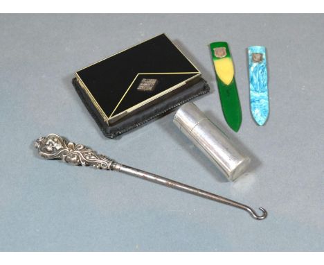 A Cylindrical Silver Scent Bottle Chester 1901 together with various other items to include an Art Deco silver and black enam