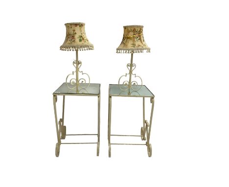 Pair cream painted scroll work wrought metal lamp tables, with inset mirror tops, together with pair matching lamps with shad