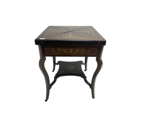 Edwardian inlaid rosewood envelope top card table, the folding top opening to reveal baize interior and counter wells, fitted