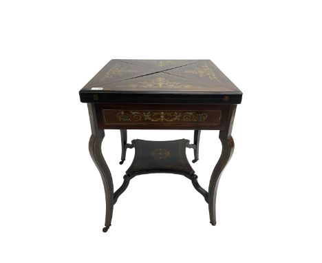 Edwardian inlaid rosewood envelope top card table, the folding top opening to reveal baize interior and counter wells, fitted