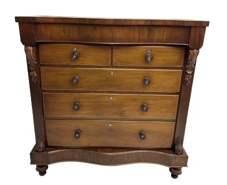 Victorian mahogany Scotch chest, fitted with two short and three long drawers, with secret frieze drawer, on turned feetDimen