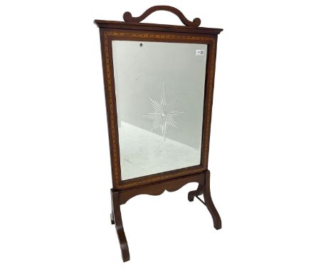 Early to mid-20th century inlaid mahogany fire-screen, bevelled mirror with central star motif, inlaid with satinwood and dot