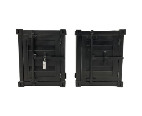 Pair of 'shipping container' industrial lamp cabinets, fitted with single lever doorDimensions: Height: 56cm  Length/Width: 4