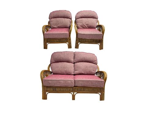 Three piece cane and bamboo conservatory suite - two seat sofa (W140cm, H104cm, D93cm), and pair matching armchairs (W80cm), 