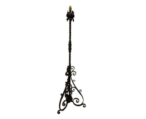 20th century wrought metal standard lamp, foliage leaf sconce on twist stem, the base of scrolled metal workDimensions: Heigh