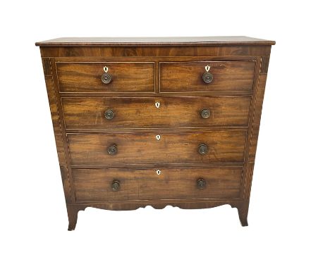 19th century mahogany chest, fitted with two short and three long drawers, on splayed bracket feet, with ivory escutcheons Th