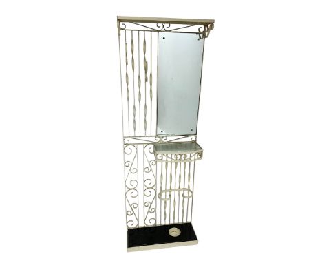 Cream painted scroll work wrought metal hall stand, fitted with mirror, shelf and stick standDimensions: Height:&nbsp;175cm&n