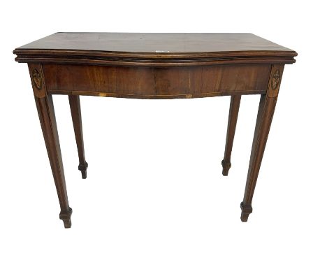 19th century mahogany serpentine fold-over side table, inlaid with foliate motifs, single gate-leg action base, on moulded sq