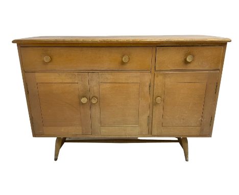 Lucian Ercolani for Ercol - Model 351 light elm and beech sideboard, fitted with three cupboards beneath one short and one lo
