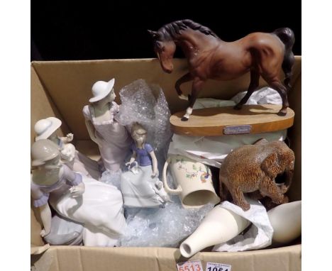 Box of mixed ornaments, ceramics, and collectables including Lladro and Nao figures. Not available for in-house P&amp;P