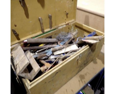 Wooden tool chest of mixed tools, 90 x 50 x 40 cm. Not available for in-house P&amp;P