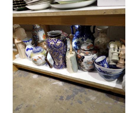 Shelf of Oriental ceramics. Not available for in-house P&amp;P 