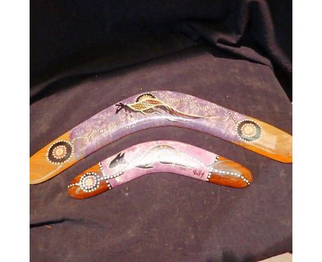 Two hand painted Brigalow boomerangs, Largest L: 40cm .UK P&amp;P Group 1 (£16+VAT for the first lot and £2+VAT for subsequen